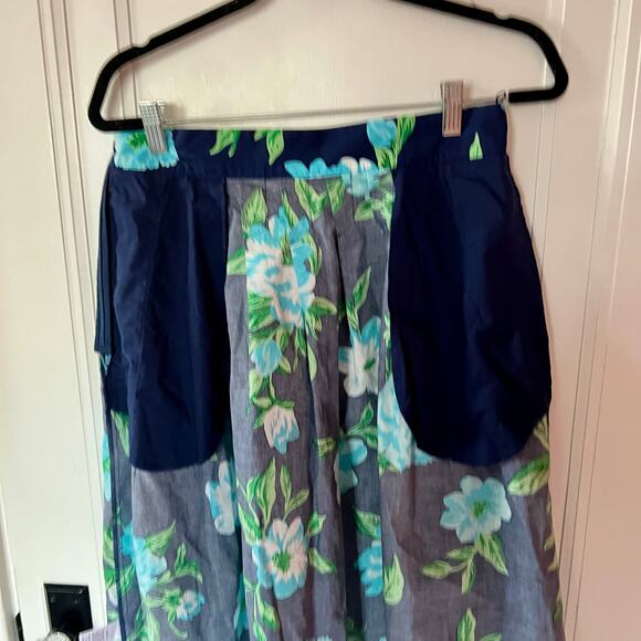 Talbots Cotton Floral Midi Skirt Navy Aqua Green SZ 8P - Picture 5 of 6